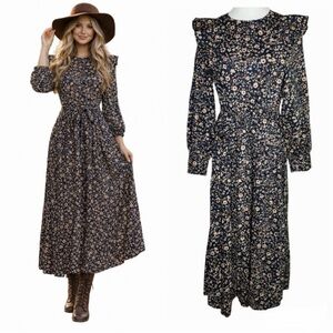 Christy Dawn Beau Midi Dress Size Large Navy Anemone Vine Calico Cottagecore